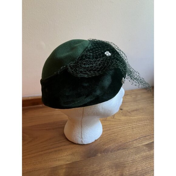 Vintage 1950s Emerald Green Boiled Wool + Velvet Trim Hat With Crystal Shamrocks main image 8